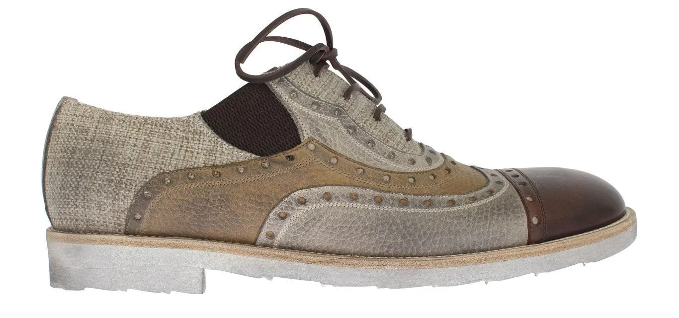 Beige Leather Raffia Wingtip Shoes