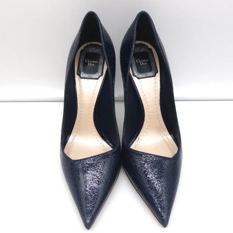 Christian Dior Songe Pumps Navy Cracked Leather Size 37 Pointed Toe Heels