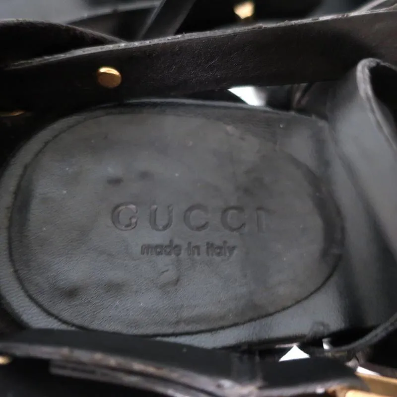 Gucci Sandals Black Studded Leather Size 7.5 Crisscross Slingback Heels