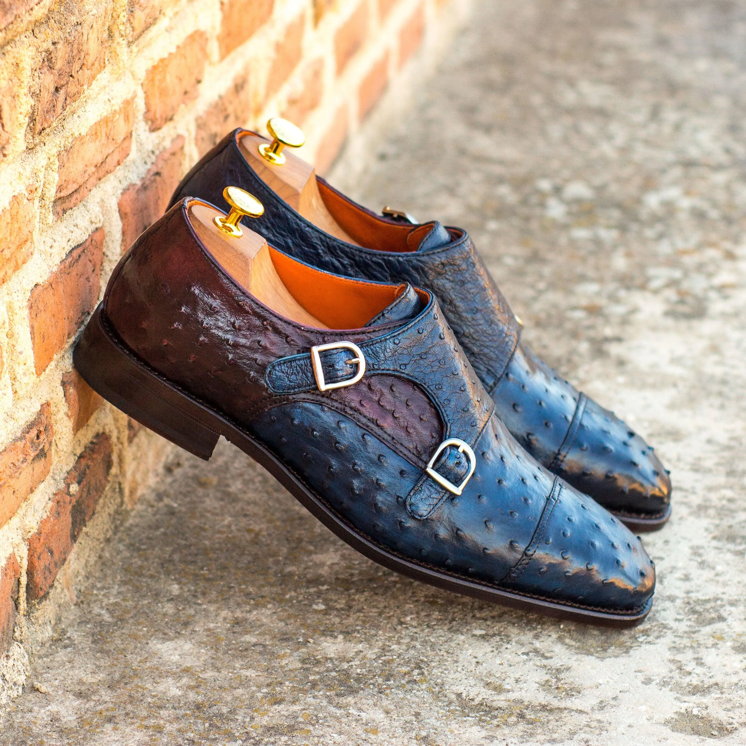Navy & Burgundy Ostrich Leather Double Monk