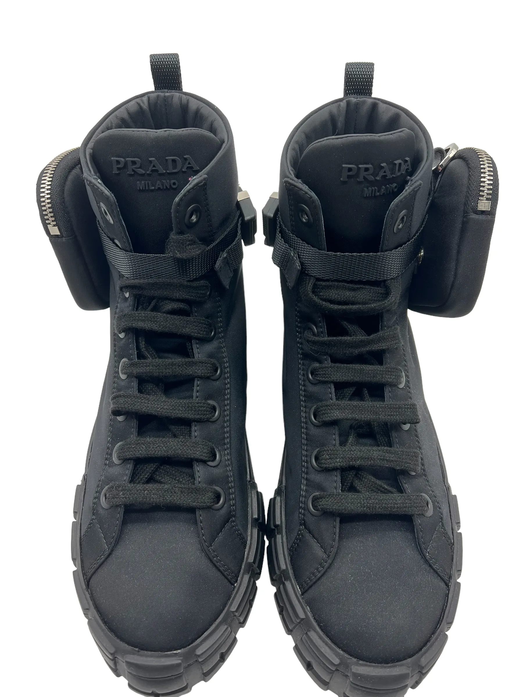 Prada Black Pouch Pocket Nylon Women's Size 40 High Top Sneakers